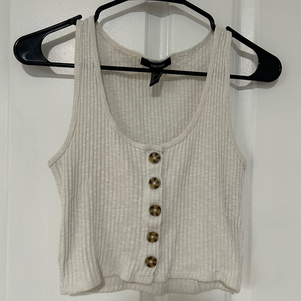 Forever 21 Beige Ribbed Button-Front Crop Top